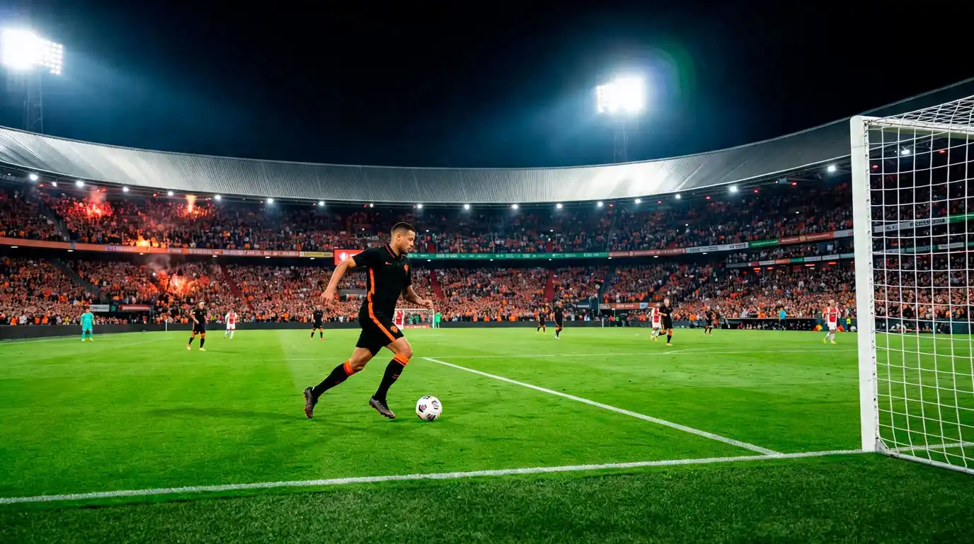 Eredivisie wedstrijd in een Nederlands stadion met scorebord en voetbalsupporters