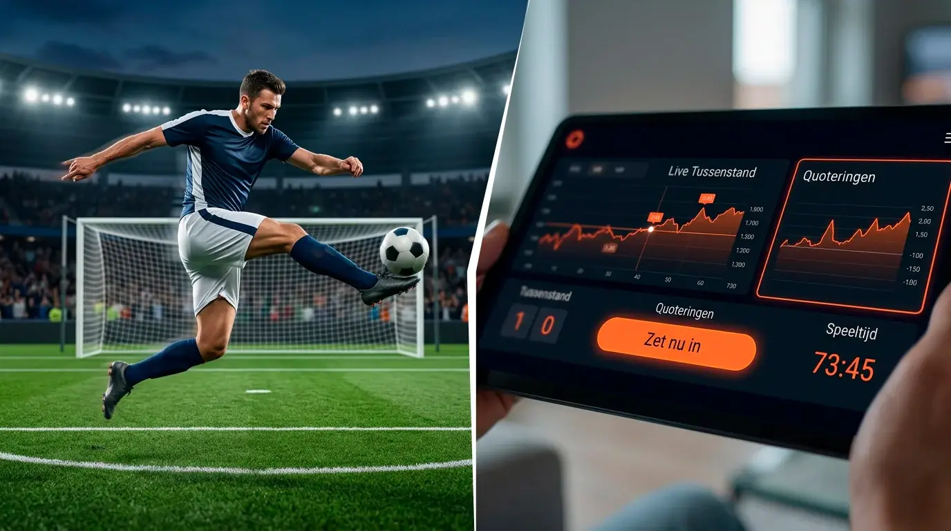 Live voetbalwedstrijd op een scherm met dynamische odds en in-play statistieken